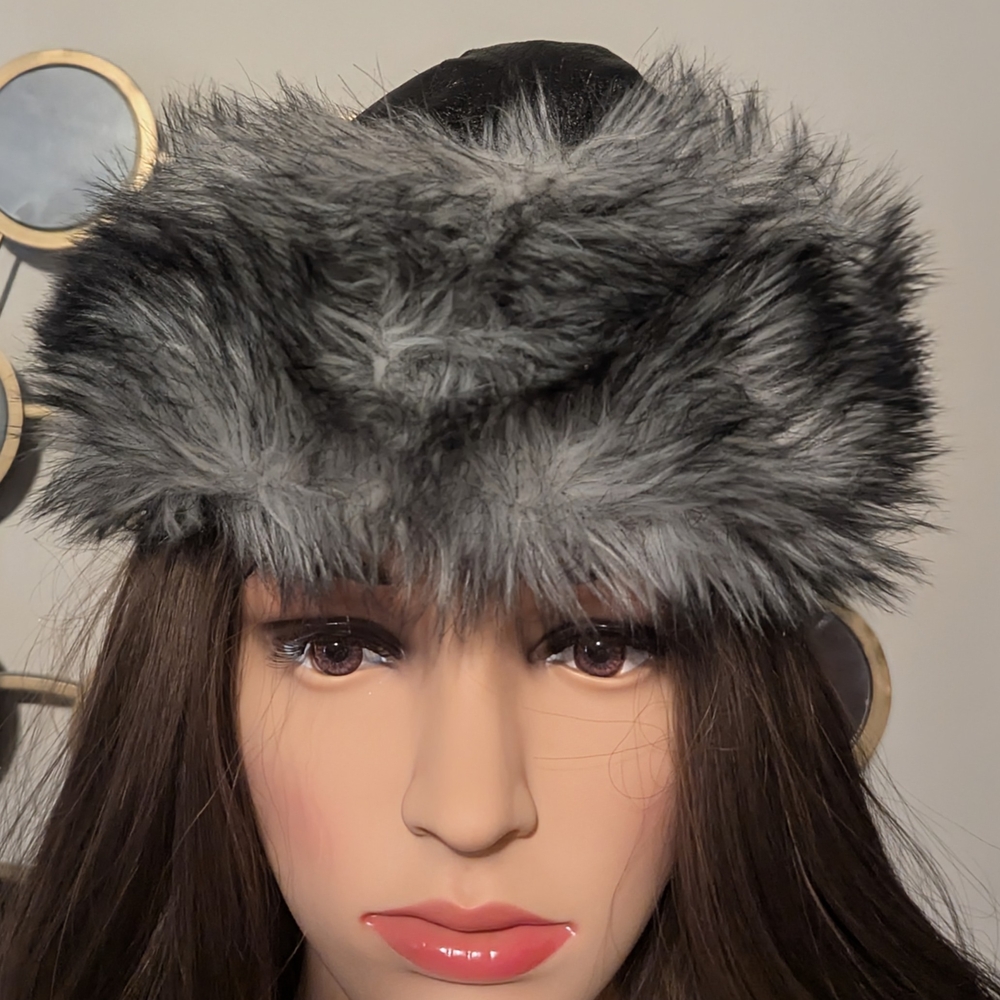 Wilsons Leather Gray Fur Headband Black Leather Hat